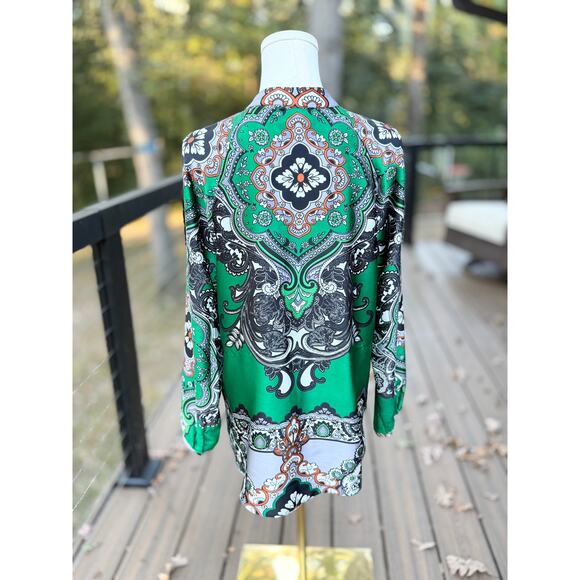 Chico's Women's Paisley Print Tunic Silk Blouse Emerald Green Size M + SCARF - Picture 13 of 14
